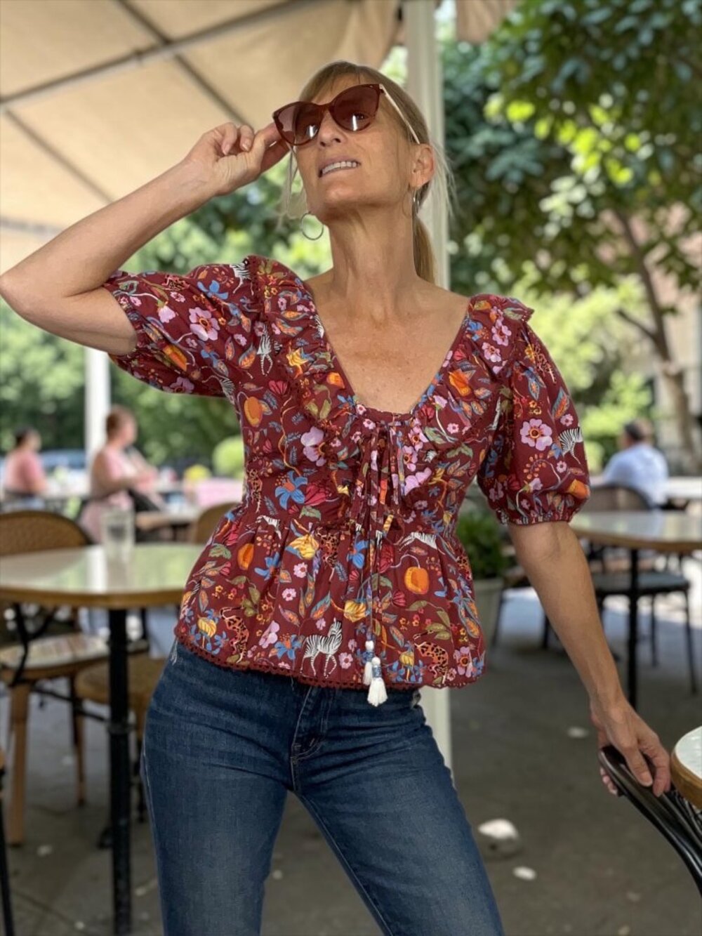 Anthropologie Maeve Ruffled Tie Front Blouse XS Brown Floral Zebra Design